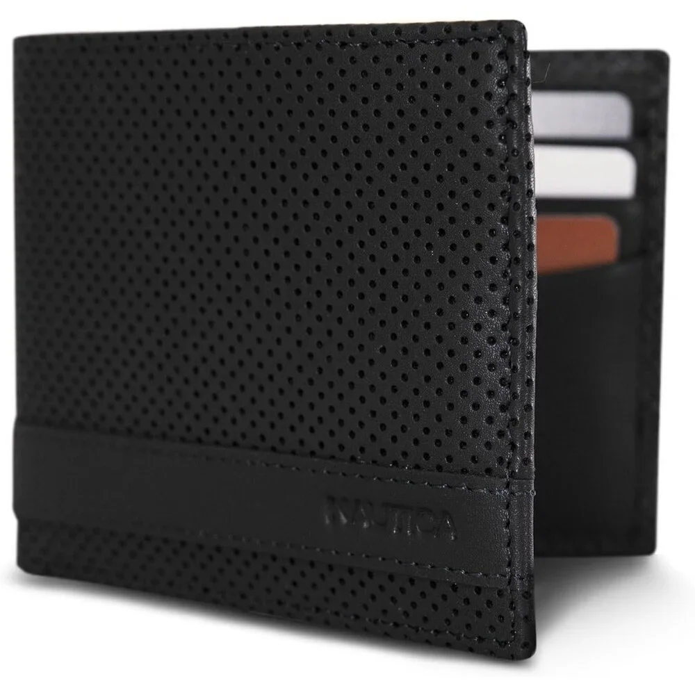 Men's Perforated-Black Bifold Leather Wallet RFID Blocking ID Window Card Slots